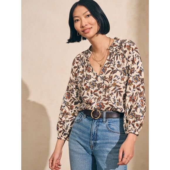 Faherty Portia Top in Red Floral Linen Blend Size Small - Picture 3 of 8